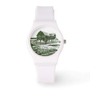 Countryside landscape woodcut style farm house watch