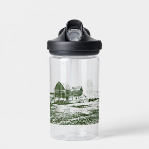Countryside landscape woodcut style farm house water bottle