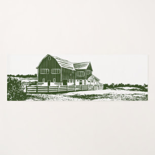 Countryside landscape woodcut style farm house yoga mat