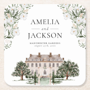 Countryside Manor Wedding Square Paper Coaster