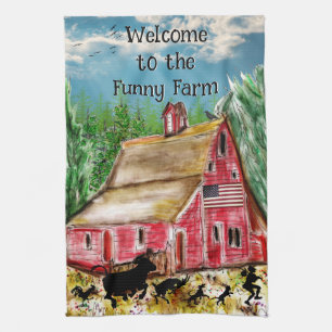Countryside Old Red Barn and Animals  Tea Towel