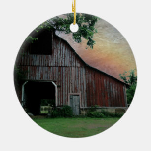 countryside sunset farm landscape old red barn ceramic tree decoration