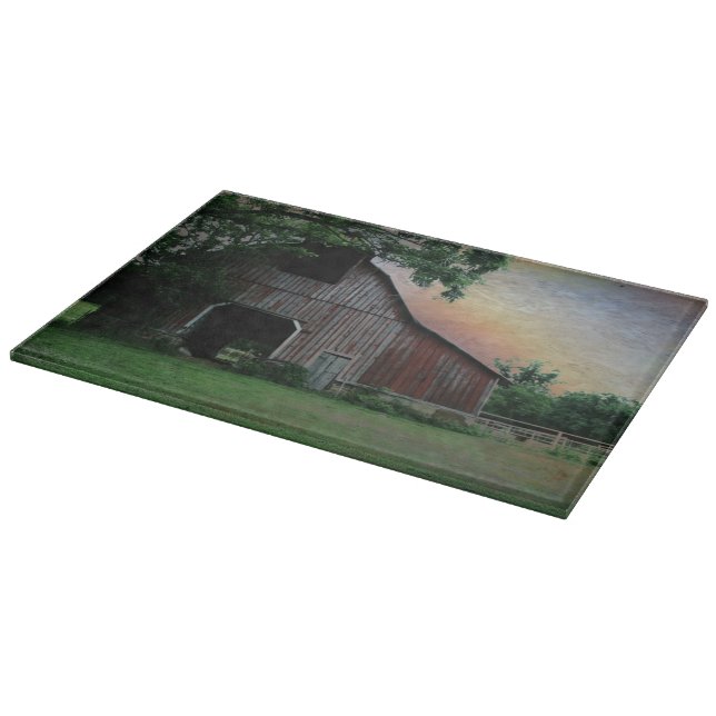 countryside sunset farm landscape old red barn cutting board (Corner)