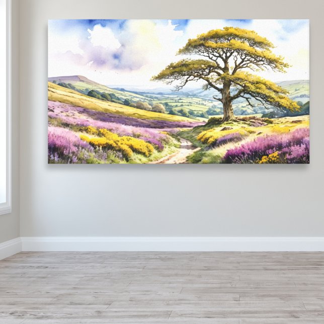 Countryside View with Oak Tree, Hills and Heather Canvas Print (A scenic landscape picture in a watercolor style, with majestic oak tree and purple heather)