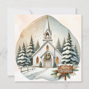 Countryside White Chapel   Night Christmas Scene Holiday Card