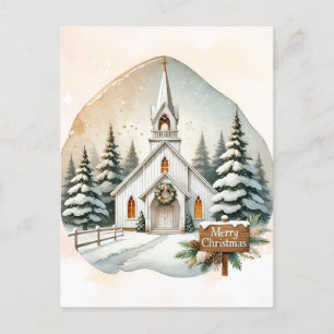 Countryside White Chapel Night Christmas Scene Holiday Postcard