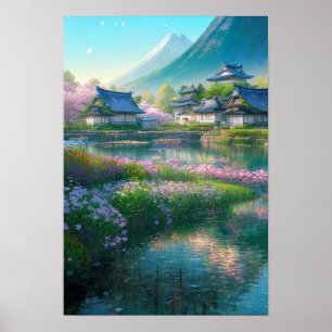 Countryside's Old Wooden Village by the River Poster