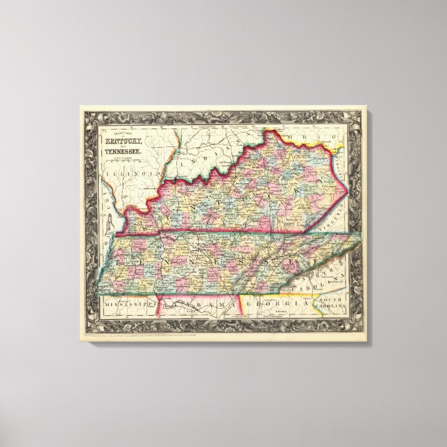 County Map Of Kentucky, And Tennessee Canvas Print (Front)