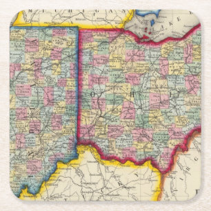 County Map Of Ohio, And Indiana Square Paper Coaster