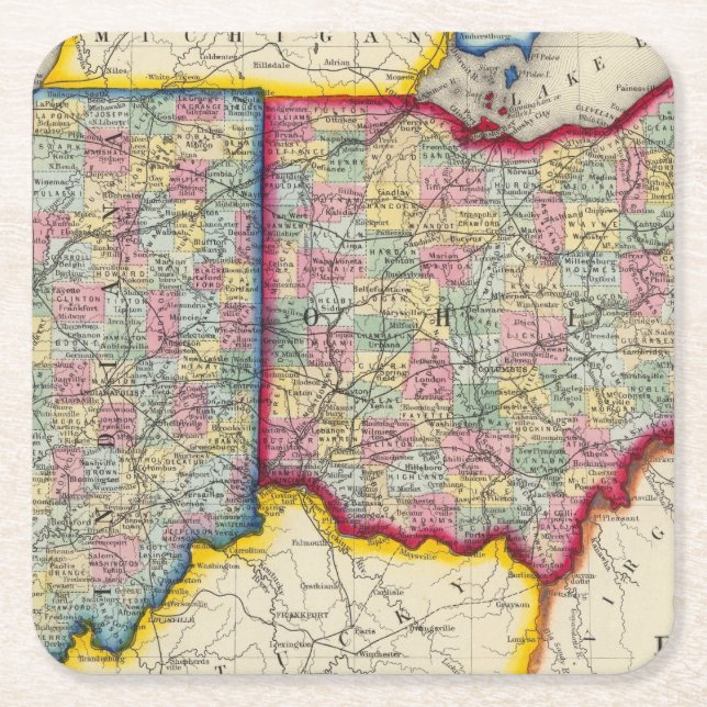 County Map Of Ohio, And Indiana Square Paper Coaster (Front)