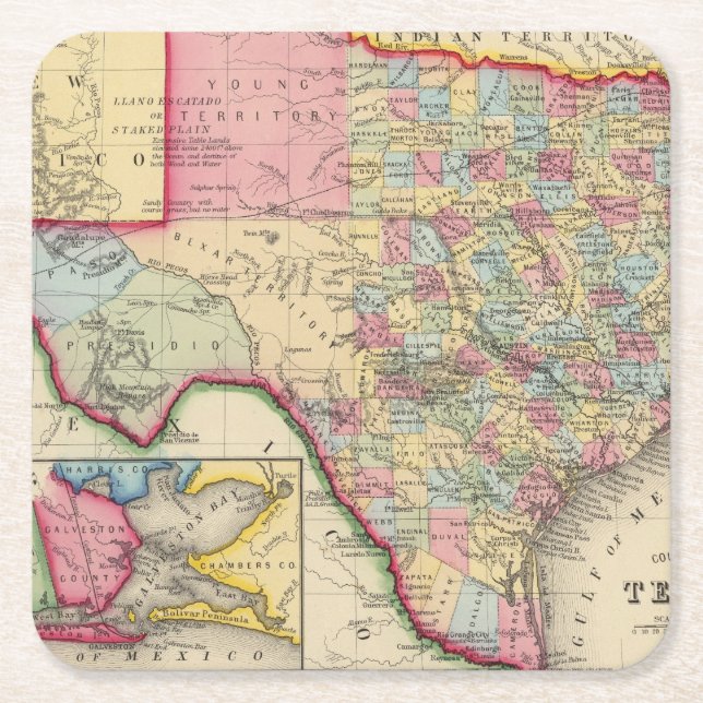 County Map Of Texas Square Paper Coaster (Front)