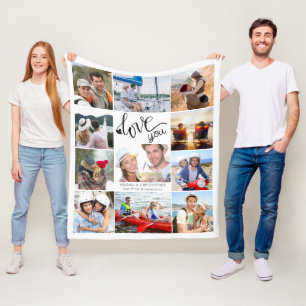 Couple 11 Photo Collage Love You Script Heart Fleece Blanket