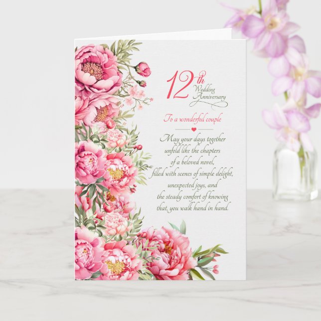 Couple 12th Anniversary Sentimental Pink Peonies Card (Orchid)