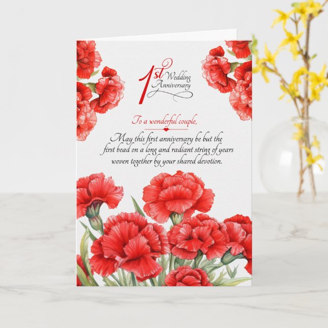 Couple 1st Anniversary Sentimental Red Carnations Card (Yellow Flower)
