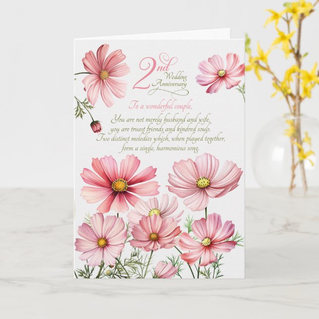 Couple 2nd Anniversary Sentimental Pink Cosmos Card (Yellow Flower)