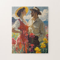 Couple Amidst Orchids 1950s Vintage