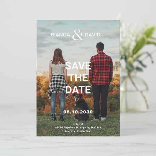 Couple and pet modern photo wedding  save the date (Standing Front)