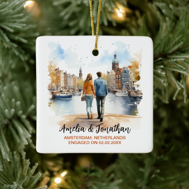 Couple at Amsterdam Netherlands Watercolor Travel Ceramic Ornament (Tree)