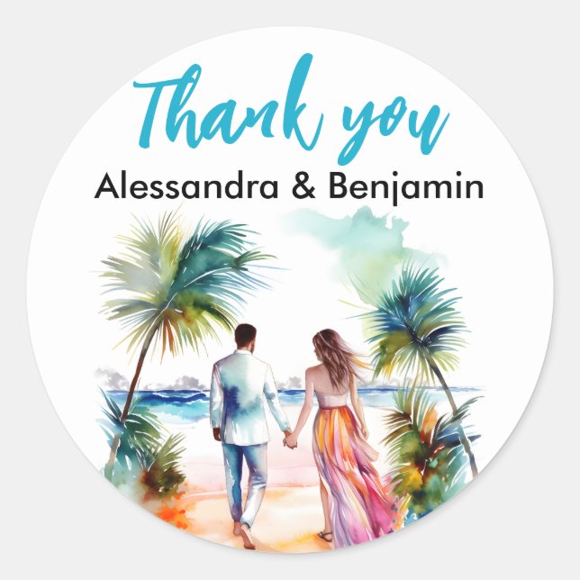 Couple at Beach Wedding Watercolor | Gifts Classic Round Sticker (Front)