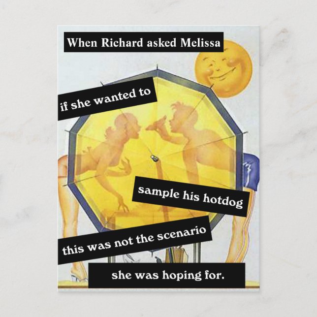 Couple At the Beach with Hotdog Funny Personalised Postcard (Front)