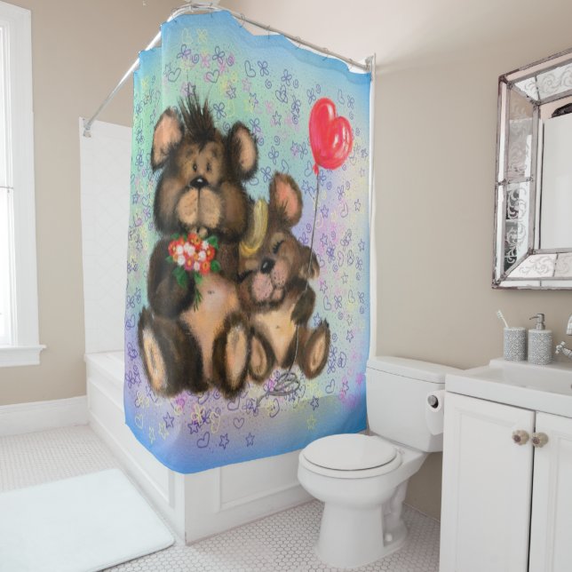 Couple Bear with Heart Balloon Shower Curtain (In Situ)