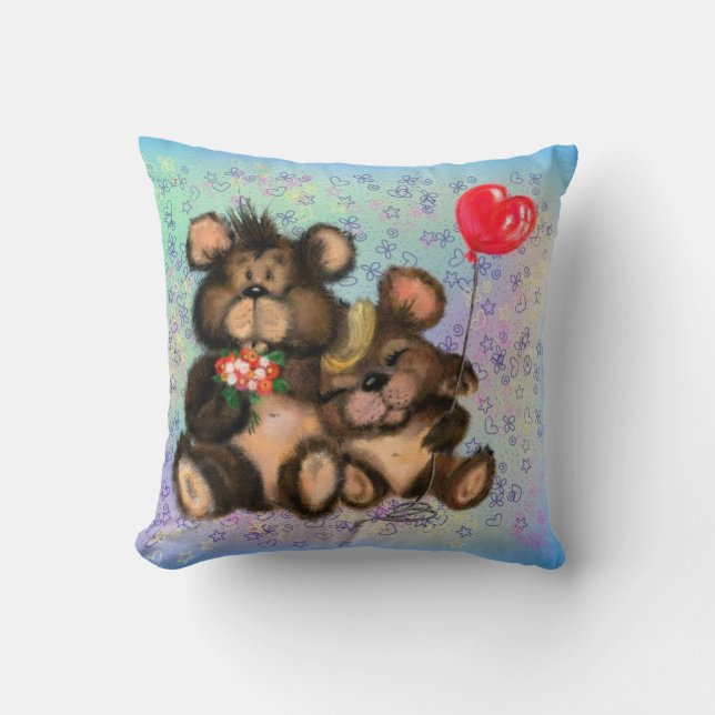 Couple Bear with Heart Balloon Throw Pillow (Front)