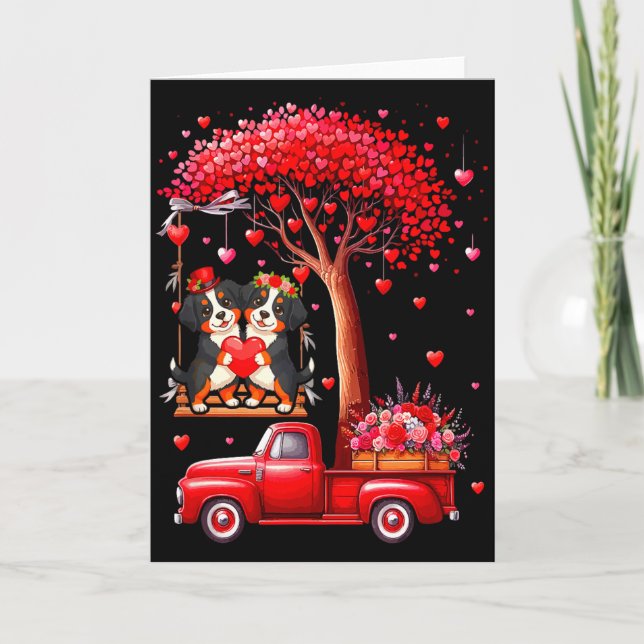 Couple Bernese Mountains Valentine Hearts Tree Pic Card (Front)