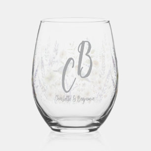 Couple Birds Monogram flowers Elegant Wedding  Stemless Wine Glass