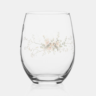 Couple Birds Monogram flowers Elegant Wedding  Stemless Wine Glass