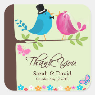Couple Birds on Cherry Branch Wedding Thank You Square Sticker