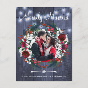 Couple Christmas Red Floral Wedding photos Holiday Postcard