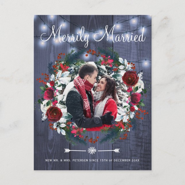 Couple Christmas Red Floral Wedding photos Holiday Postcard (Front)