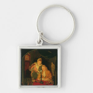 Couple counting money by candlelight, 1779 key ring
