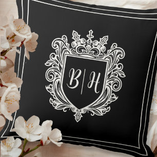 Couple crest initials Black Throw Pillow
