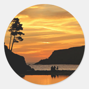 Couple & Dog Orange Beach Sunset California Coast Classic Round Sticker