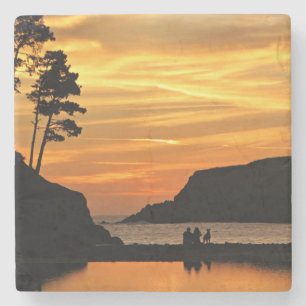 Couple & Dog Romantic Beach Coast Sunset Stone Coaster
