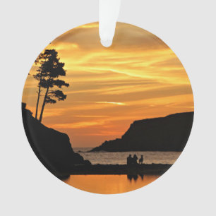 Couple & Dog Vivid Beach Sunset Silhouettes Ornament