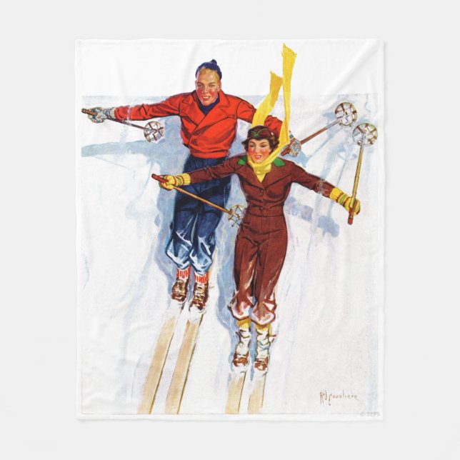Couple Downhill Skiing Fleece Blanket (Front)