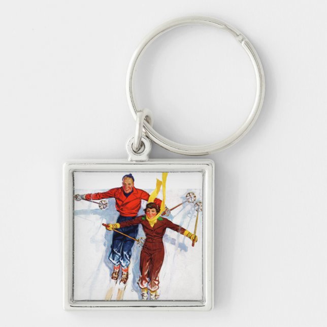 Couple Downhill Skiing Key Ring (Front)