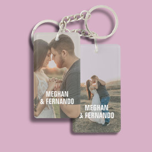 Couple Engagement 2 Photo Name Modern Key Ring