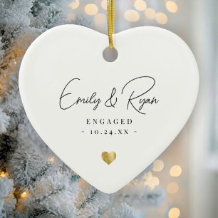 Couple Engagement Announcement Gold Heart Keepsake Ceramic Tree Decoration