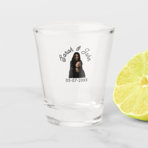 Couple face photo add name date simple wedding  shot glass