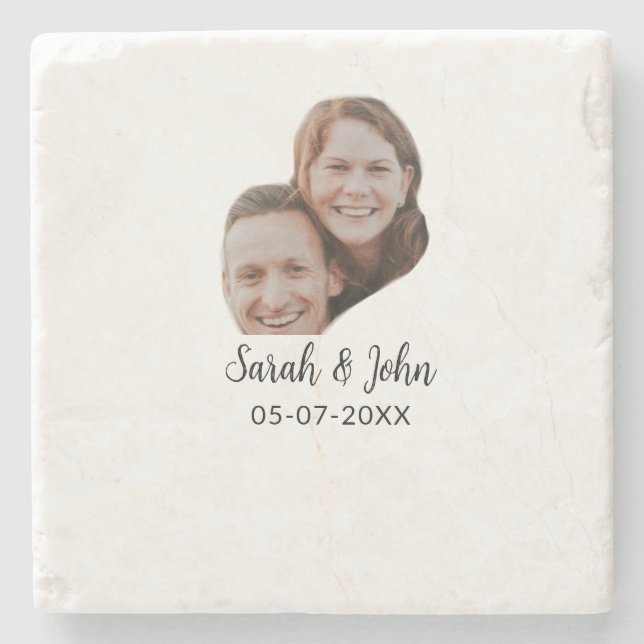 Couple face photo add name date simple wedding  stone coaster (Front)