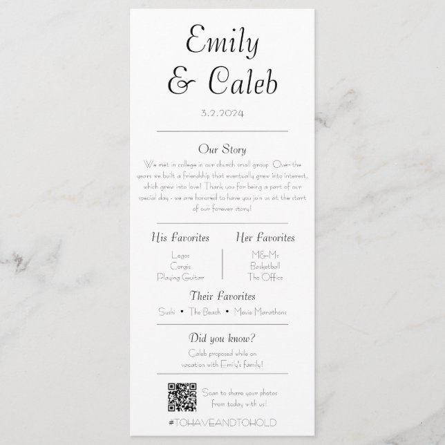 Couple Facts Minimalist Wedding Program & Menu  (Front)