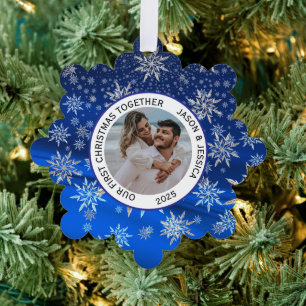 Couple First Christmas Icy Blue Snowflakes Tree Decoration Card
