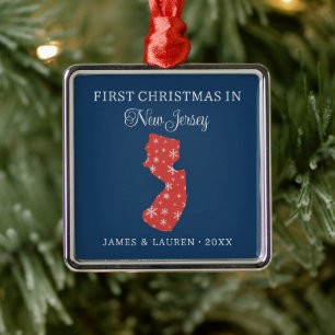 Couple First Christmas In New Jersey State Blue Metal Tree Decoration