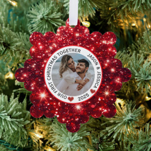 Couple First Christmas Name Photo Red  Tree Decoration Card