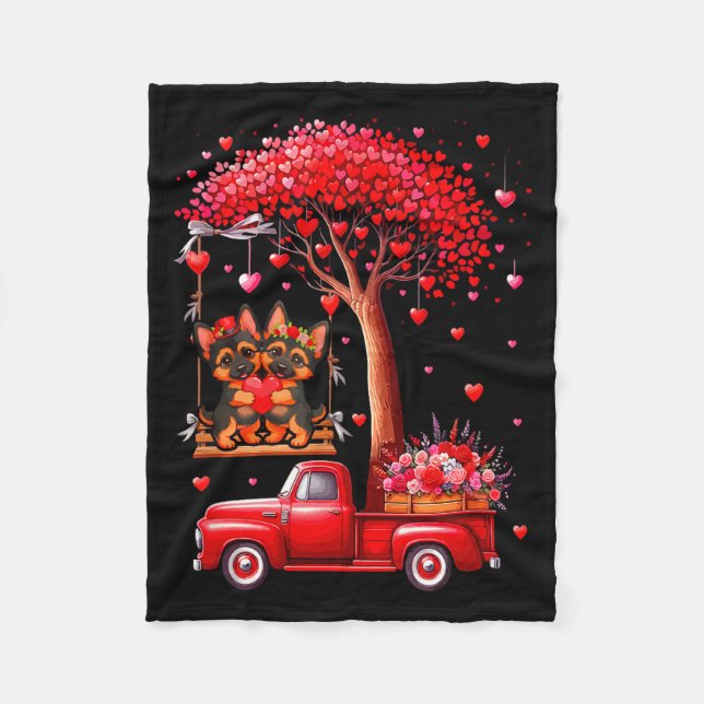 Couple German Shepherds Valentine Hearts Tree Pick Fleece Blanket (Front)