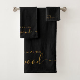 Couple Gold Monogram Black Bath Towel Set