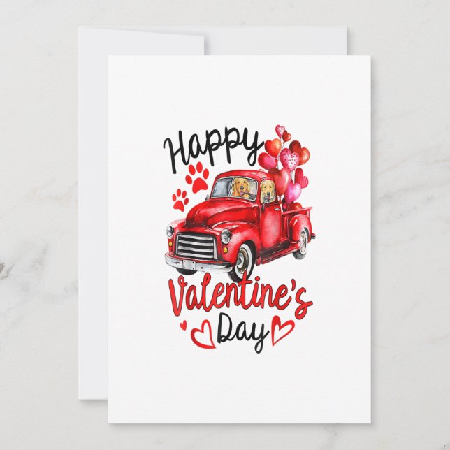 Couple Golden Retriever Red Truck Happy Valentines Announcement (Front)